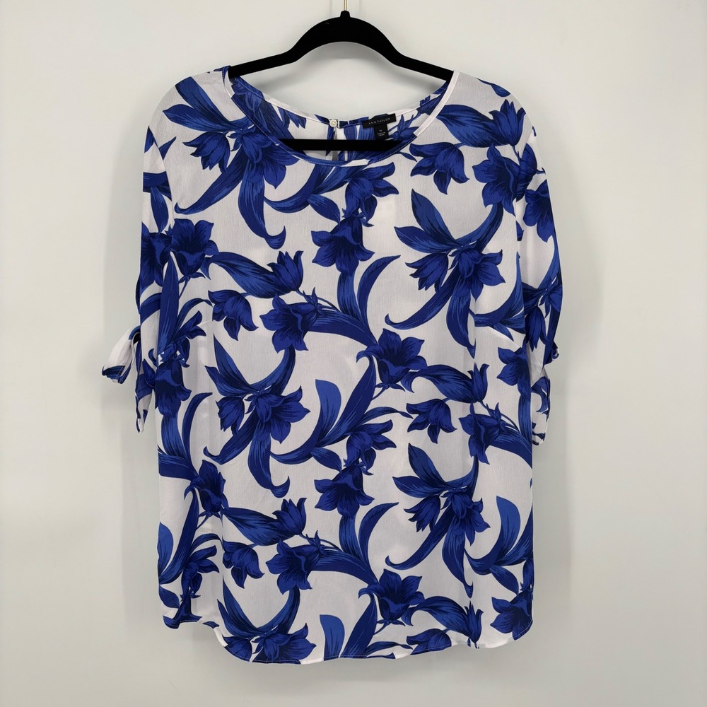 Ann Taylor Floral Print Tie Sleeve Top Blue/White Size XL NWT